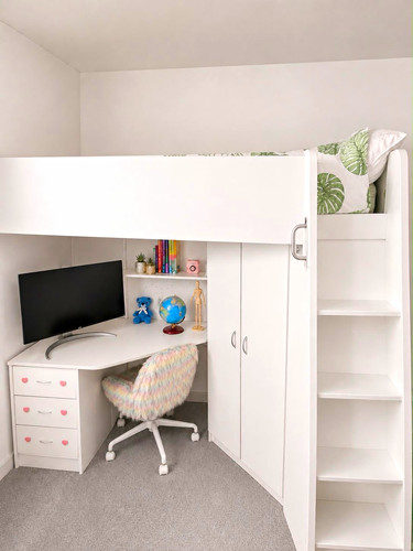 White bunk bed with built - bed, built-in