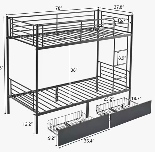 Black metal single bunk - black,